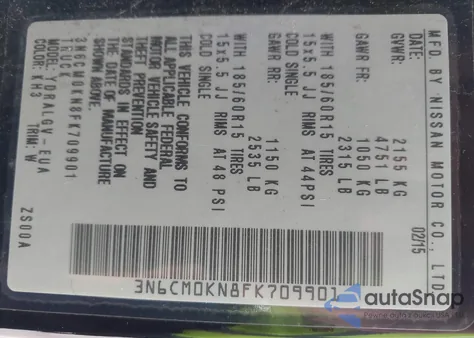 2015 Nissan Nv200 Sv z USA, uszkodzony, nr VIN 3N6CM0KN8FK709901